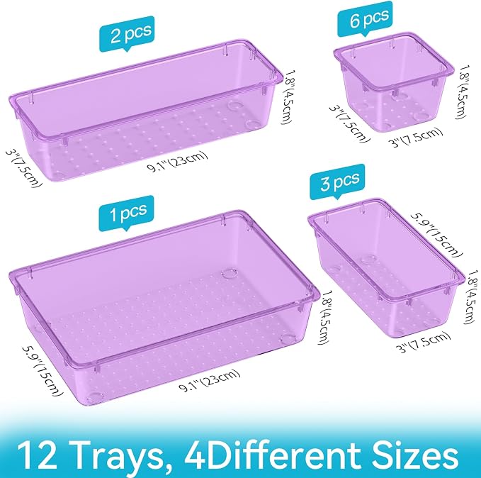 12 PCS Drawer Organizer Set, Makeup Organizers, Tool Storage Trays, Pueple | 4 Sizes, Plastic, Stackable, Multiple Gadgets, Desk Drawer Divider Organizers, for Makeup, Office Supplies Storage - Image 2