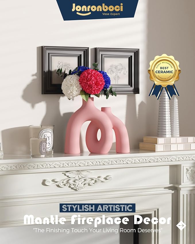Hug Donut Decorative Vase Set - Light Pink Modern Glam Eclectic Style Vases Home Decor, Matte Ceramic Decorations for Living Room Shelf, Bookshelf Mantle Entryway Table or Console Décor(Pink) - Image 6