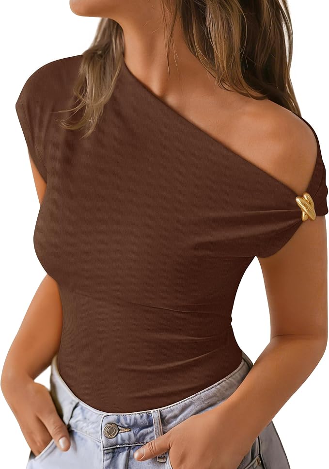 ZESICA Women's 2026 Summer Off Shoulder Tops Going Out Sexy Y2k Shirts Spring Cap Sleeve Ruched Asymmetrical Blouses by ZESICA