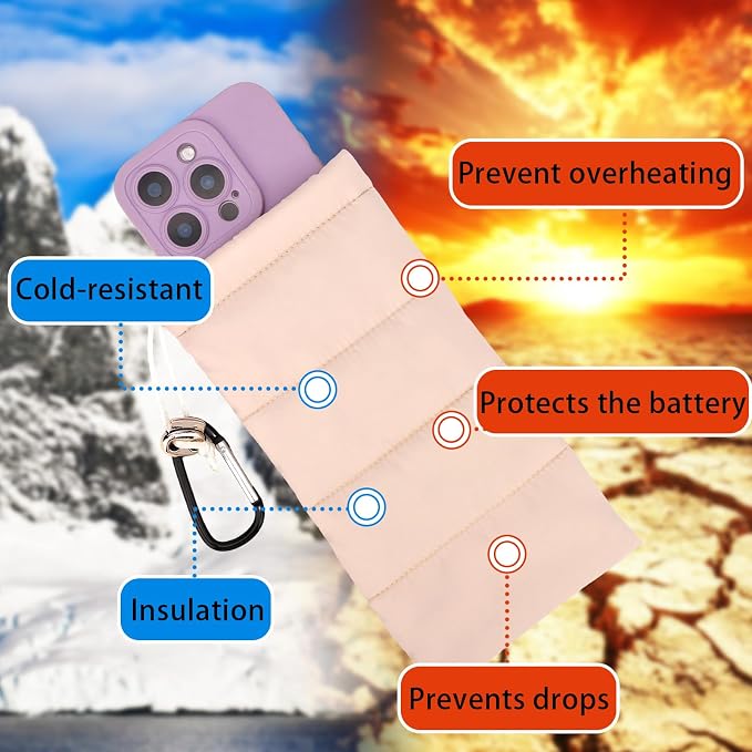 Lyreh Thermal Phone Pouch with Carabiner, Down Cotton Winter Insulated Warm Case Cover Bag Accessories Gift Prevents Freezing & Overheating Cellphone Sock for Outdoor Camping Hiking Skiing (Beige) - Image 3