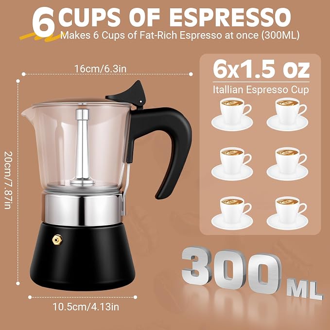 6 Cup 300ml Glass Moka Pot, Stovetop Espresso Maker, Black | Crystal Glass-top & Stainless Steel Coffee Maker, Induction Compatible, for Greca de Cafe, Cuban and Italian Coffee Brewing - Image 5