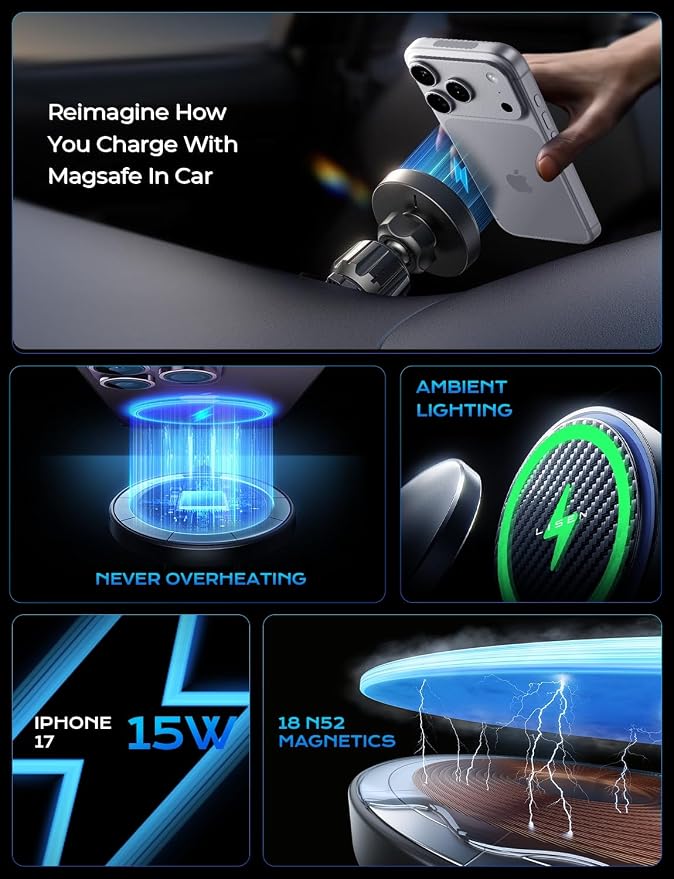 LISEN 15W MagSafe Car Mount Charger,[Carbon Fiber] Magnetic Wireless Car Charger, Dashboard & Air Vent Car Phone Mounts, Magnetic Phone Holder for Car Mount for iPhone 17/16/15/14/13/12, Samsung Pixel | Carbon Fiber 15W Magsafe Car Mount Charger, 2 in ... - Image 5