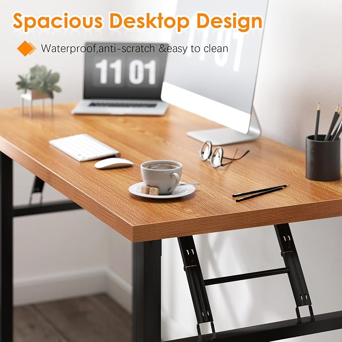 Need Office Computer Desk 54.3 Inch Sturdy Folding Laptop Table Teak | Black Frame Writing Gaming Work Table/Foldable Home Office Desk/Sewing Table, No Assembly Required - Image 6