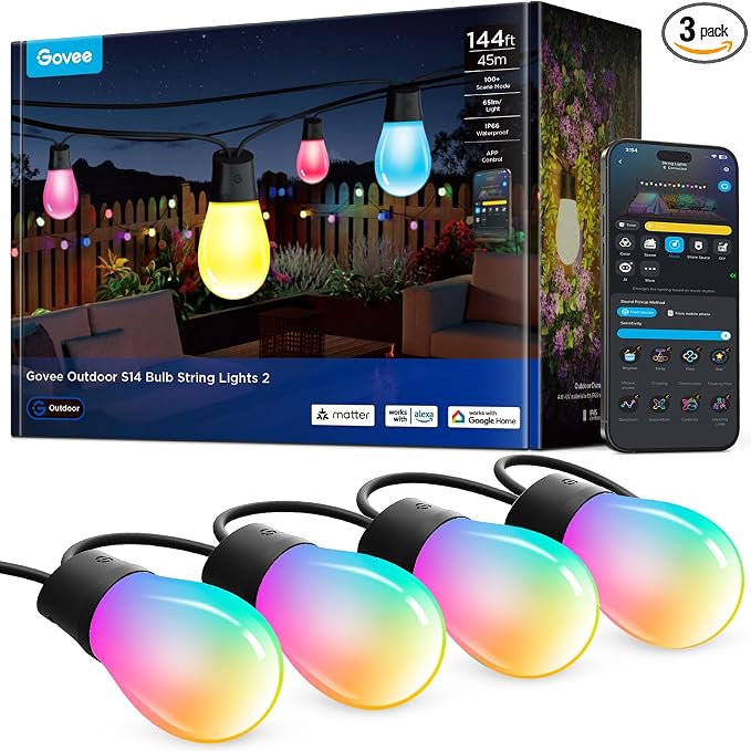 Govee S14 Bulb Outdoor String Lights 2, 144ft RGBICWW, 45 LED Bulbs, IP66 | Patio Lights with 111 Scene Modes for Patio, Backyard, Garden, Compatible with Alexa, Google, Matter, APP Control by Unknown