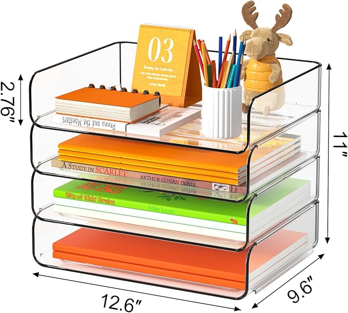 FANXIYQ 4-Tier Acrylic Paper Tray Organizer - Low-Profile Desk File Sorter for Office/Home, Clear Stackable Letter Tray for Bills, Crafts, Notebooks - Image 3