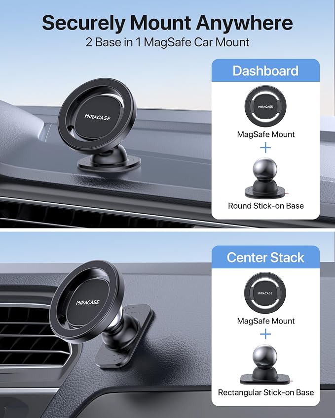 Miracase Latest Upgrade for MagSafe Car Mount [33+LBS Strong Suction & 2200gf Magnetic] Small Phone Holders for Your Car Dashboard, 360° Adjustable Car Phone Holder Mount for iPhone Garmin GPS - Image 2