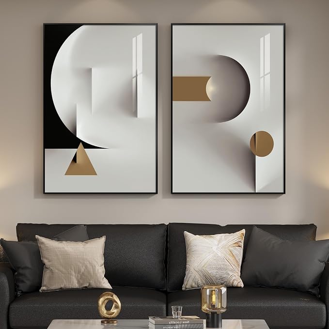 Large Framed Modern Elegant Abstract Wall Art, 2 Piece Black White Gold Geometric Prints Paintings Artwork for Walls, Minimalist Wall Pictures for Living Room Dining Bedroom Hallway Wall Decor 24x36 In - Image 3