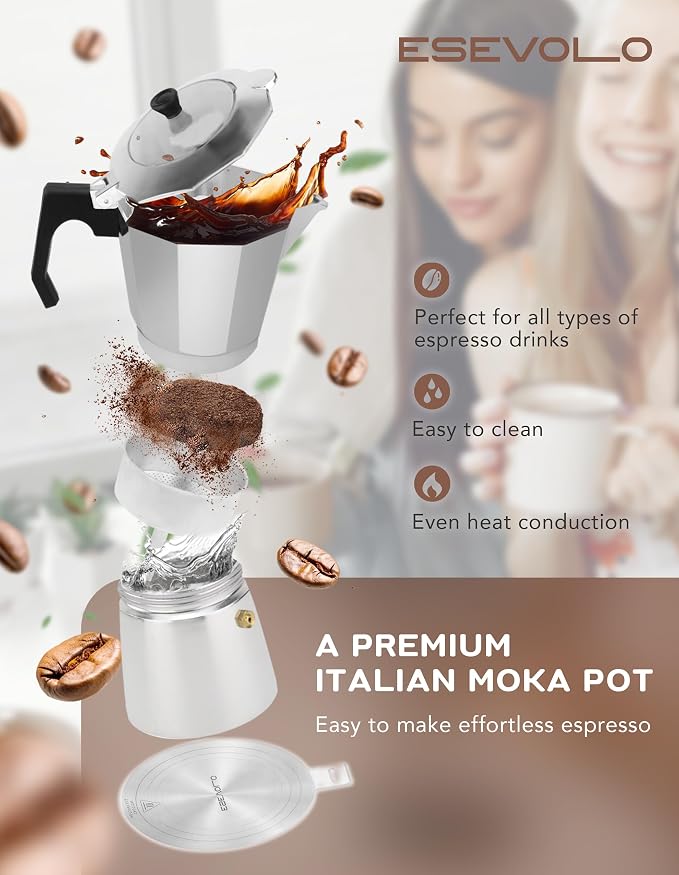2Pcs - 1 Moka Pot Espresso + 5.5 Inch Stainless Steel Induction Plate Adapter, 6 Cup Aluminium Italian Stovetop Espresso Maker, Transparent Cover, Portable Coffee Maker for Camping - Image 6
