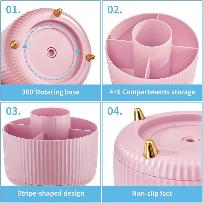Marbrasse Desk Organizer, 360-Degree Rotating Pen Holder, Desk Organizers and Accessories with 5 Compartments Pencil Organizer, Art Supply Storage Box Caddy for Office, Home(Pink) - Image 4