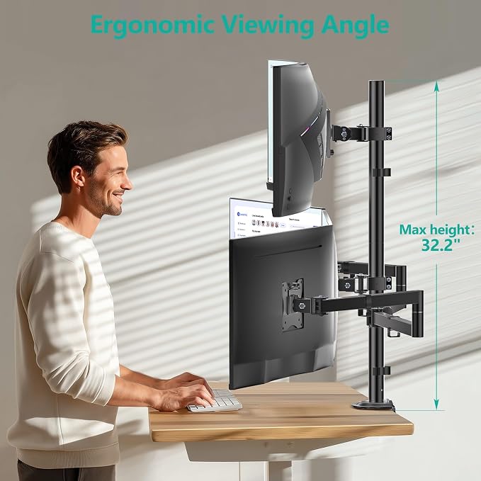 WALI Quad Monitor Mount for up to 49 inch Ultrawides on Top Bracket and 27 inch Screens on Lower Brackets, Extra Tall 4 Monitor Stand, Heavy Duty Monitors Arm up to 44 lbs (M004S-P), Black - Image 3