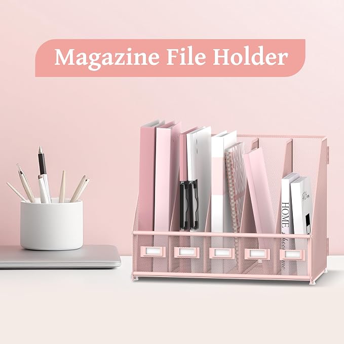 SUPEASY Desk Organizers Metal Desk Magazine File Holder with 5 Vertical Compartments Rack File Organizer for Office Desktop, Classroom, Home Workspace, Pink - Image 2