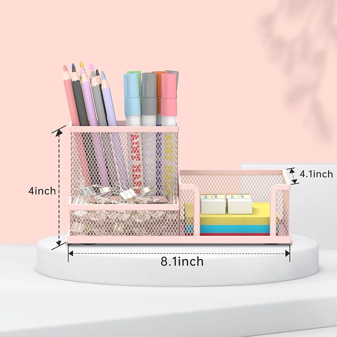 SUPEASY Mesh Pen Holder Desk Organizer, Office Supplies Pencil Storage with 3 Compartments, Office Desk Accessories and Workspace Organizers for Home School Classroom, Pink - Image 4