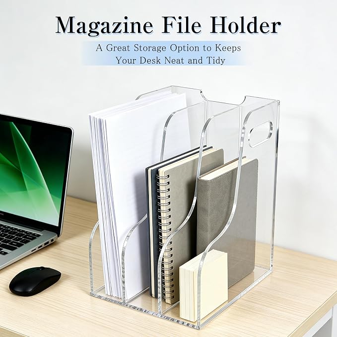 3-Tier Clear Acrylic File Holder, Vertical Document Organizer for Magazines, Binders, Notebooks & Envelopes - Multi-Purpose Desk Storage for Home Office（A4,3 Sections） - Image 4