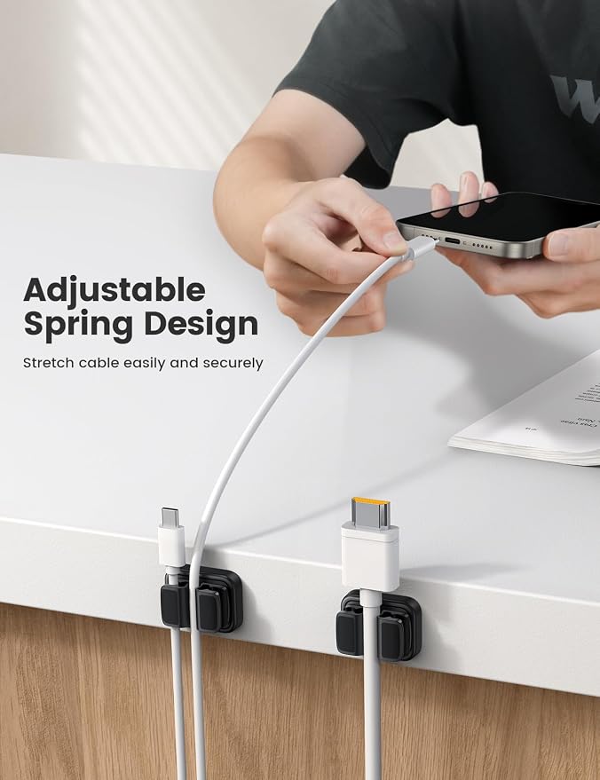 Lamicall 6Pack 3-in-1 Cord Spring Clip Holder - Small Clips for Desk Cable Organizer, Adhesive Adjustable Cable Holder for Charger Wire, USB Cord, Office, Car, Cord Management, Desk Accessories - Image 3