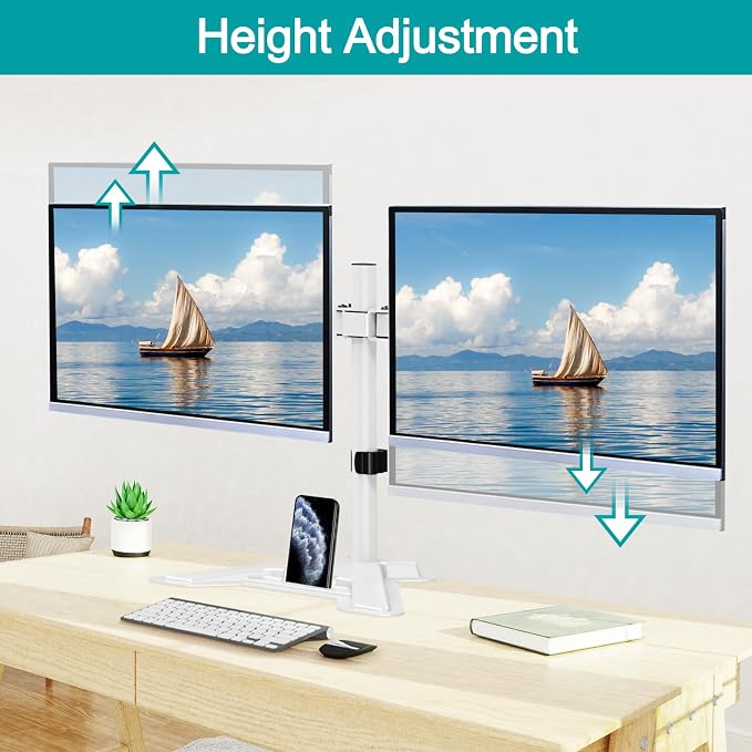 MOUNT PRO Dual Monitor Stand, Free-Standing Full Motion Monitor Desk Mount Fits 2 Screens up to 27 inches,17.6lbs with Height Adjustable, Swivel, Tilt, Rotation, VESA 75x75 100x100,White - Image 7