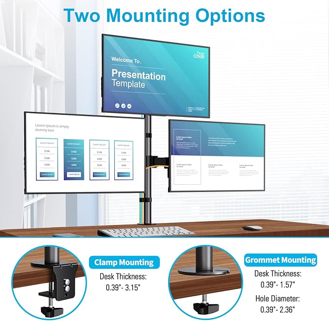 MOUNTUP Triple Monitor Stand, Height Adjustable Monitor Desk Mount Fit for 17 to 32 Inch Computer Screens, Stacked Monitors Arm for 3 Monitors, with C-Clamp and Grommet Base, up to 17.6lbs per Arm - Image 6
