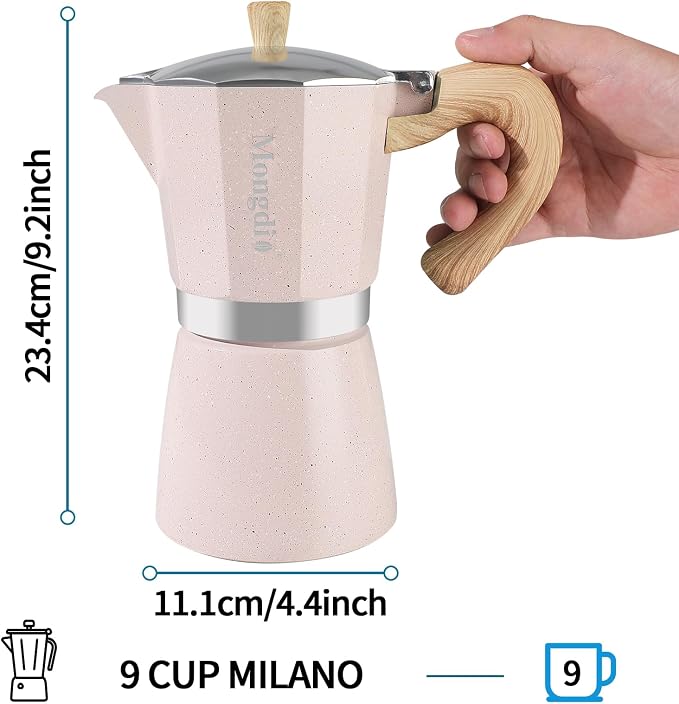 Mongdio Stovetop Espresso Maker Moka Pot, Cuban Coffee Maker Stove top coffee maker Moka Italian Espresso Greca Coffee Maker Brewer Percolator, 9 Espresso Cups, 15 oz - Pink - Image 5