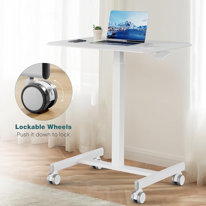 DUMOS Mobile Rolling Desk with Wheels Adjustable Height | Small Standing Desks Portable Laptop PC Table, Computer Workstation for Home Office Small Space, White - Image 5