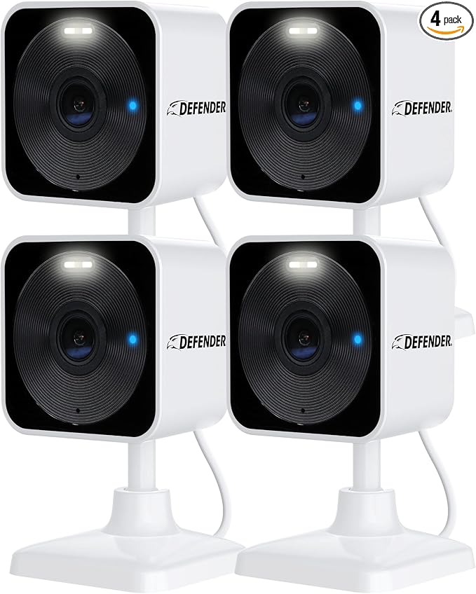 Defender GO 2K AI Powered WiFi Indoor/Outdoor Home, Business, Pet, Baby Security Camera, AI Detection, Dual Band, Spotlight/Siren, Color Night Vision, 2-Way Talk, Works with ClearVu App, 4 Pack by Defender
