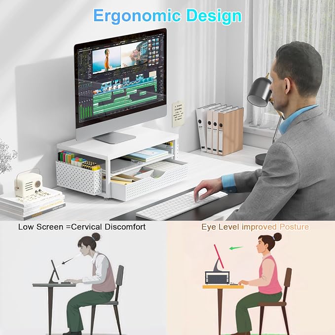 gianotter Desk Organizers and Accessories, Monitor Stand with Drawer and 2 Pen Holder, Desktop Organizer Suitable for Offices and Dormitories (White-Plain) - Image 2