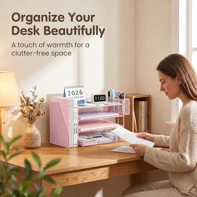 OPNICE Desk Organizers and Accessories, 4-Tier Desktop File Organizer with Drawer and Pen Holders, Office Desk Accessories Workspace Organizers for Office Supplies (Pink) - Image 3