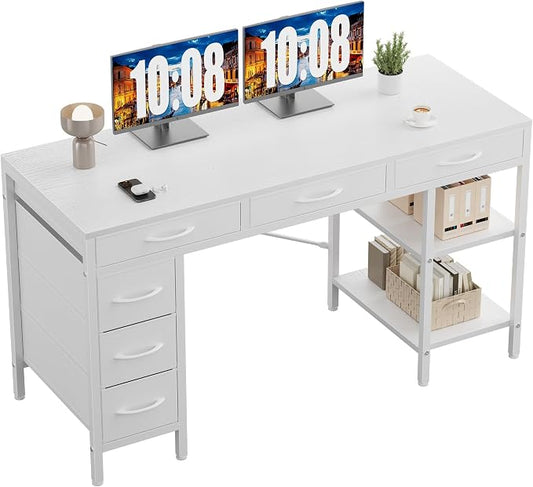 Sweetcrispy 55" Computer Desk with 6 Fabric Drawers & Storage Shelves | Reversible Gaming Desk, Office Desk, Computer Workstation, Corner Desk with Storag, Home Office, Living Room, White by Sweetcrispy