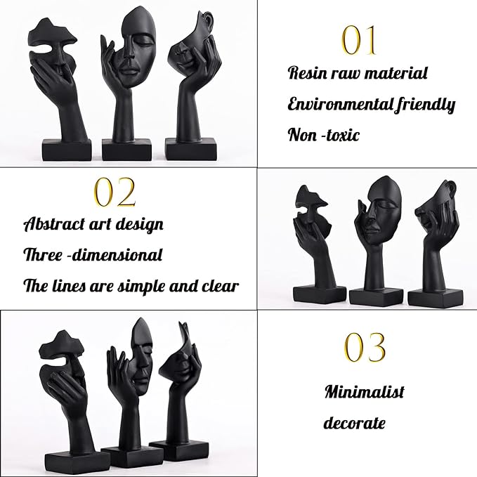 3 Pcs Thinker Small Statue Set - Black Art Abstract Home Accent Figurines for Decor Bedroom, Shelves, Living Room Coffee Table, Office Desktop (3 Pcs Black, 6") - Image 5