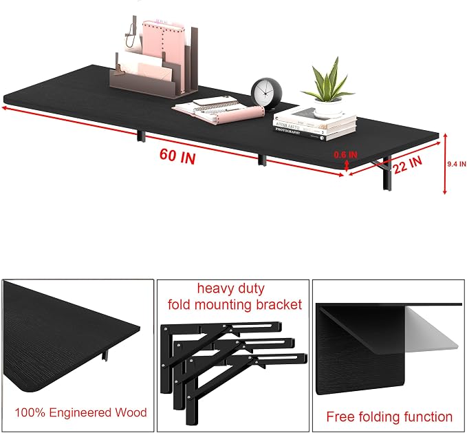IAE 60x22in Floating Fold Desk,Wall-Mounted Folding Computer Table,Black | Study Table with Shelf Brackets,Foldable Down Shelf with Engineered Wood,Fold Computer Desk for Small Apartment,Holds 515 lb - Image 2