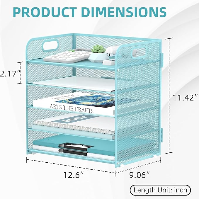 Supeasy 5 Trays Paper Organizer Letter Tray with Handle-Mesh Desk File Organizer, Paper Sorter Desk Organizer for Office, Home or School (Light Blue) - Image 5