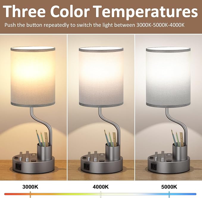 Fenmzee Bedside Lamps for Bedroom Set of 2 - Table Desk Lamp for Nightstand | 15" Table Lamp for Living Room with Pen Holder & Phone Stand, USB A+C Port, AC Outlet, 3 Color Temperature, LED Bulb Included - Image 3