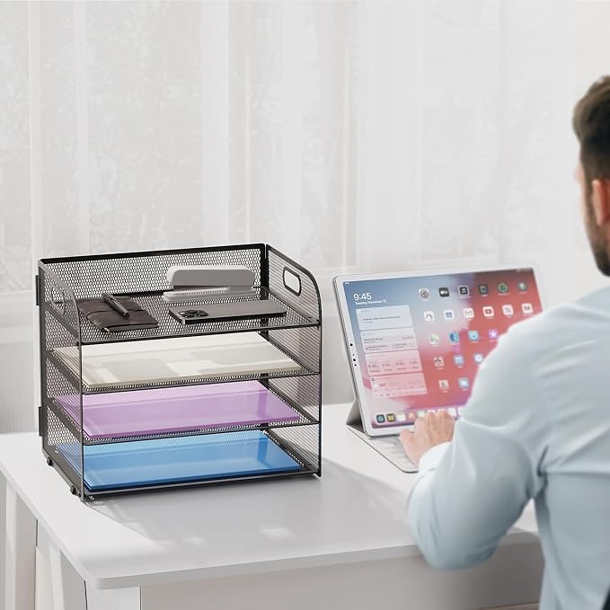 Marbrasse 2 Pack 4 Tier Paper Organizer Letter Tray - Mesh Desk File Organizer with Handle, Paper Sorter Organizer for Letter/A4 Office File Folder Holder (Black, 12.6" x 9.1" x 10.7") - Image 6
