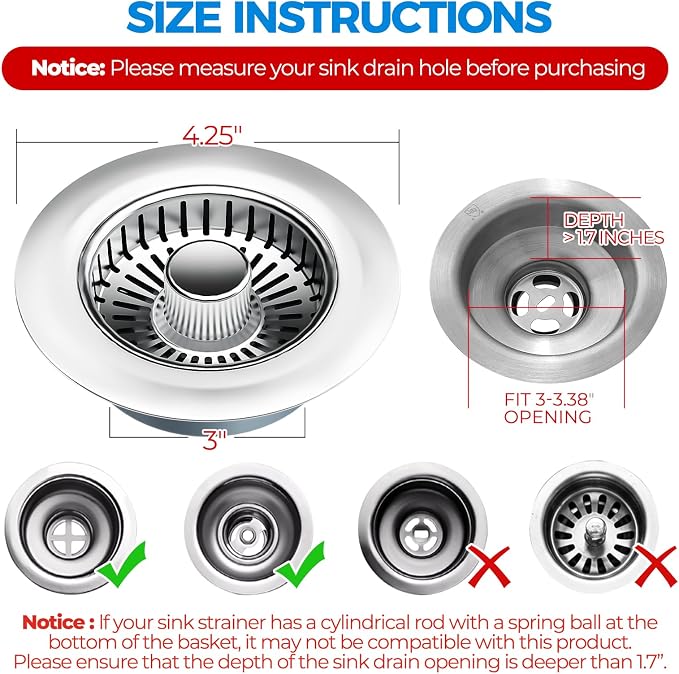 zaa 3 in 1 Kitchen Sink Drain Strainer Stopper Removable Basket Pop-Up | Kitchen Sink Accessories 1 Pack Brushed Silver Stainless - Food Catcher, Odor-Blocking Seal, Fits 3.5" Drain - Image 5
