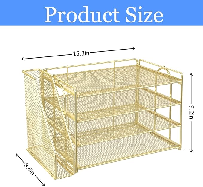 gianotter 4-Tier Paper Organizer With Magazine Holder | Desk Organizers and Accessories, File Organizer for Office Supplies Storag (Gold, 4-Tier) - Image 4