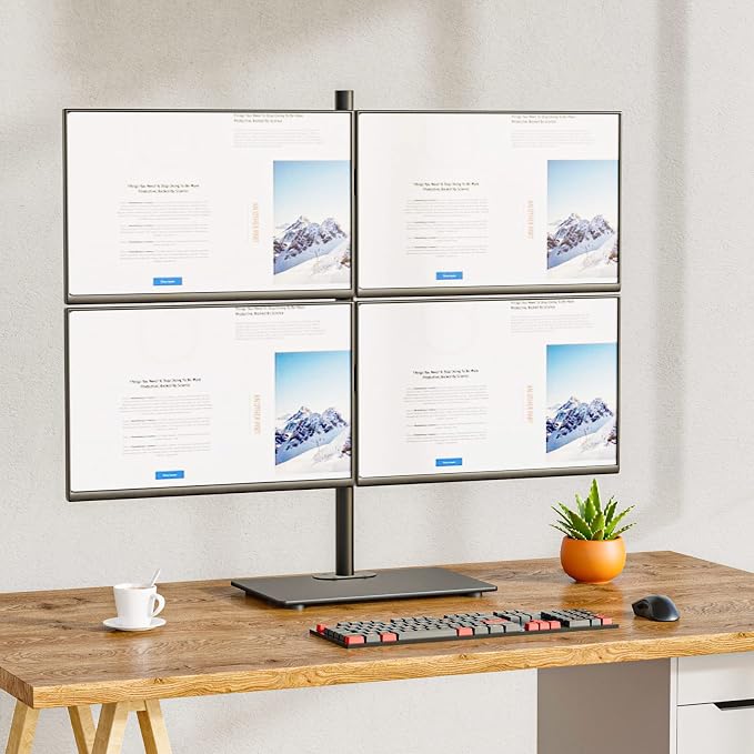 WALI Freestanding Quad Monitor Mount for 17-27 Inch Screens, Fully Adjustable 4 Monitor Stand with Swivel, Tilt, Rotation, Glass Base, Max Load 22 lbs per Arm (GMF004), Black - Image 8