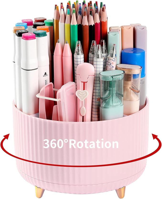 Desk Pencil Pen Holder, 5 Slots 360°Degree Rotating Organizers for Desk, Desktop Storage Stationery Supplies Organizer, Cute Cup Pot Office, School, Home, Art Supply, Pink by EDENMS