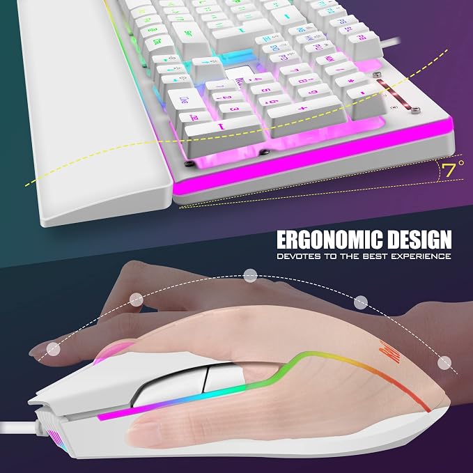 RedThunder K10 Wired Gaming Keyboard and Mouse and Wrist Rest Combo, RGB Backlit, Mechanical Feel Anti-ghosting Keyboard + 7D 7200 DPI Mice+Soft Leather Wrist Rest 3 in 1 PC Gamer Accessories(White) - Image 5
