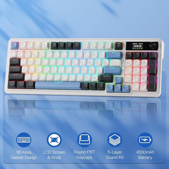 Redragon K719 PRO Wireless 95-Key Gasket Gaming Keyboard, TFT Screen & Knob | Easy-Control LED Info Display, 0-Delay Tri-Mode, Cushioned 5-Layer Noise Dampening for Creamy Thocky Sound, Practical 95 keys - Image 2