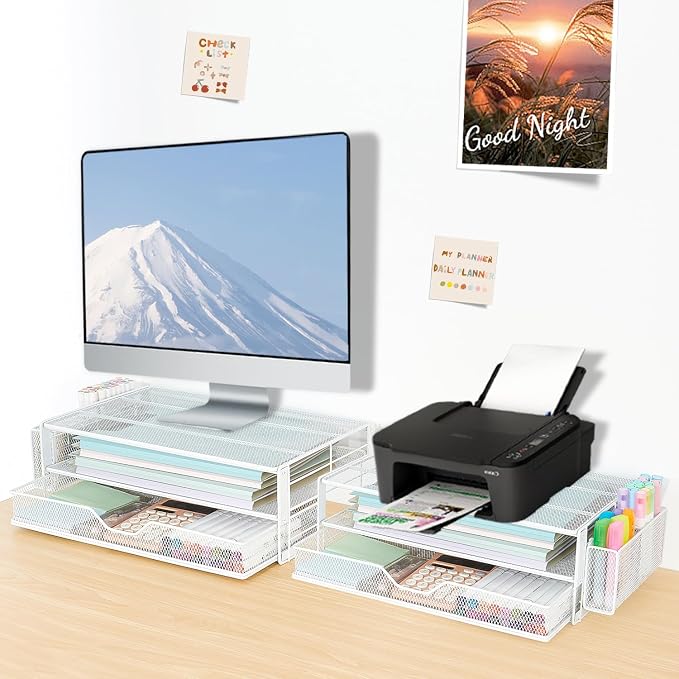 AUPSEN Computer Monitor Stands Riser，2-Tier Desk Organizers and Accessories, Office Desk Accessories Organizer with Drawers and 2 Pen Holder for Office Supplies (White) - Image 7
