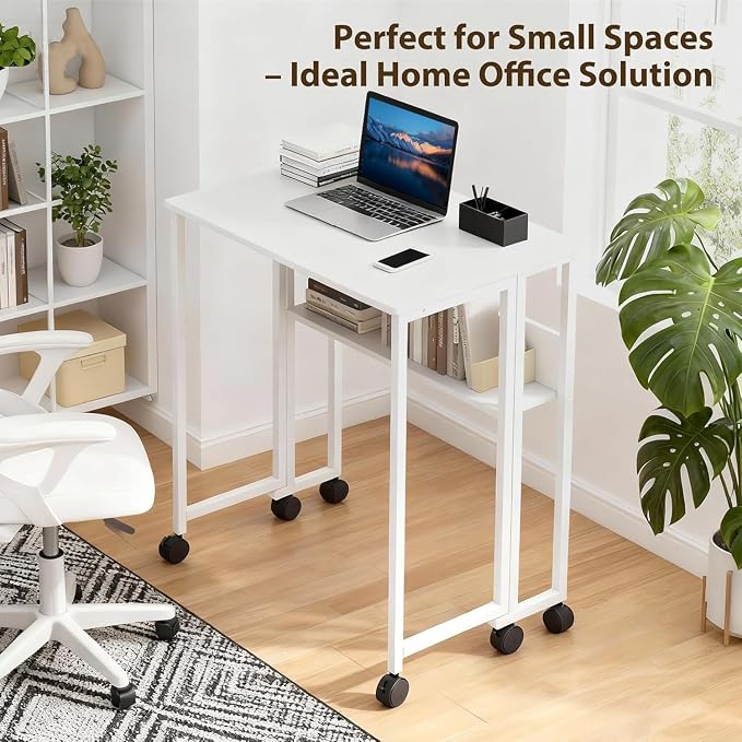Folding Desk Small Rolling Desk with Storage Shelf,24.8 Inch Foldable Computer Table with Wheels,Portable Office Desk for Small Space Sofa Table,Easy to Fold,Writing Work Office Computer Desk,White - Image 5