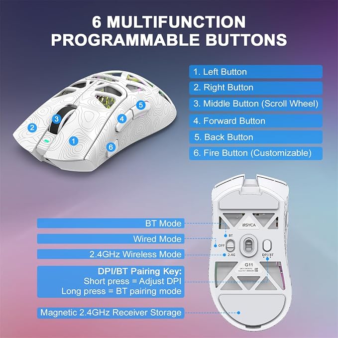 G11 RGB Wireless Gaming Mouse for Gaming Setup & Multi-Device Use, Tri-Mode Bluetooth 5.1/2.4GHz/USB-C, 22000 DPI Lightweight Programmable Mouse for PC, Laptop & Mac - Image 5