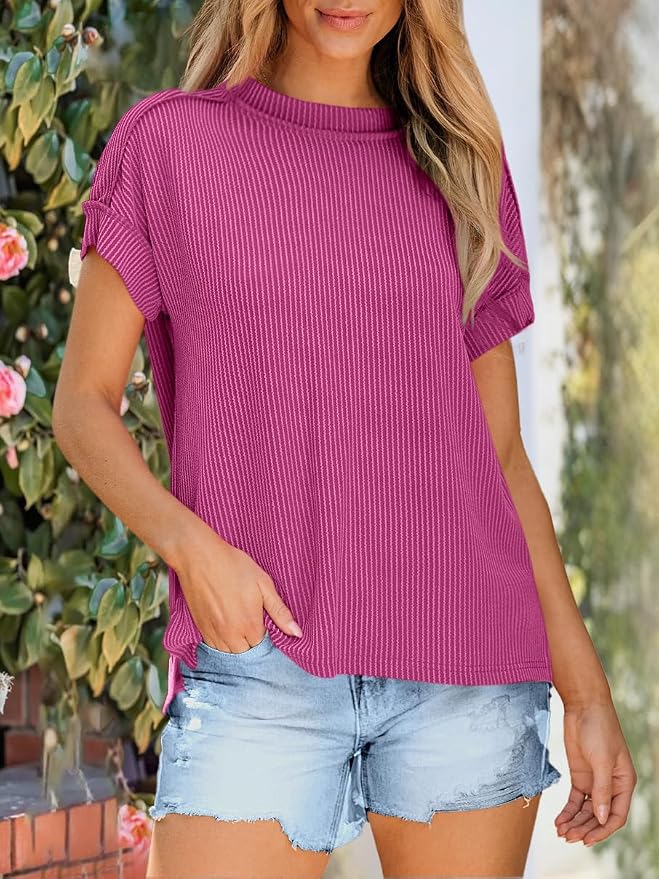 ANRABESS Womens Short Sleeve Crewneck Shirts Ribbed Knit High Low Hem T Shirt 2026 Summer Spring Casual Tops Trendy Clothes - Image 2