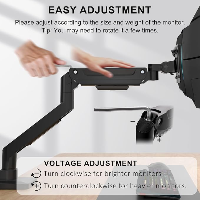 WALI Heavy Duty Single Monitor Arm for 13-49 inch 1000R Curved Screens, up to 44 Lbs, Adjustable Single Monitor Desk Mount with C-Clamp, Grommet Base, 75/100mm VESA Mount (GSM001XL), Black - Image 8
