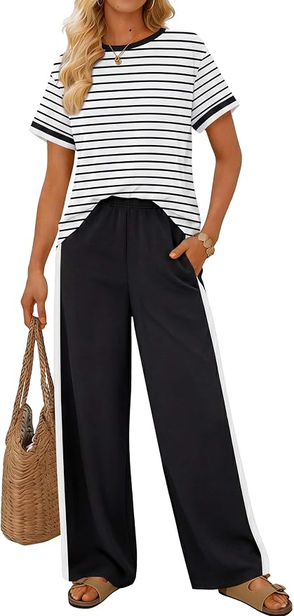 Sampeel 2 Piece Sets for Women Matching Sets Summer Outfits Resort Wear Short Sleeve Lounge Set Wide Leg Pants with Pockets - Image 2