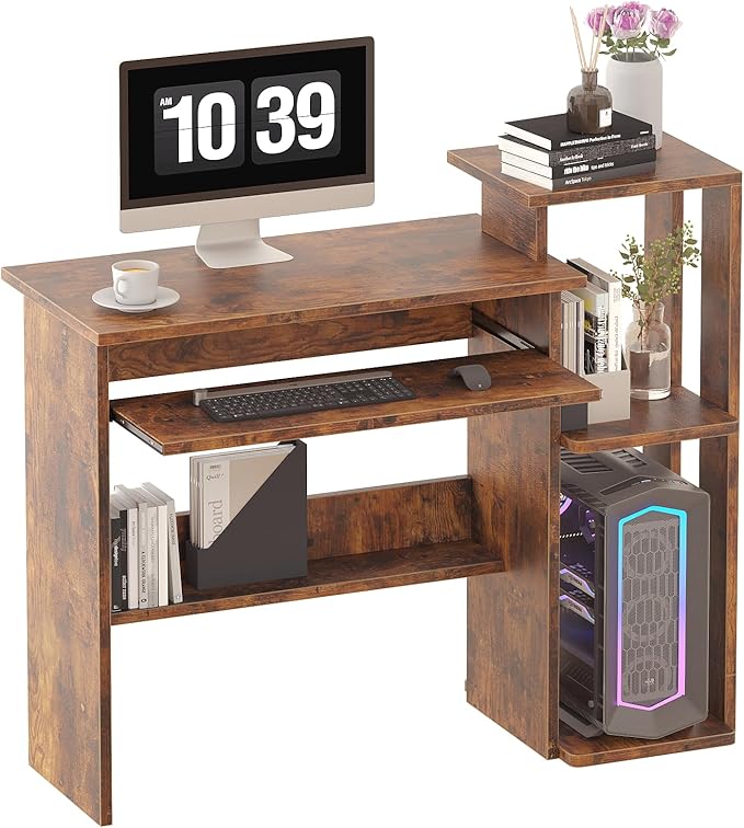 ALISENED Computer Desk with Storage Shelves, Home Office Desk with Monitor Stand, Small Writing Desk Table with Keyboard Tray,Study Table with CPU Stand for Small Spaces (35"-Rusitc Brown) by ALISENED
