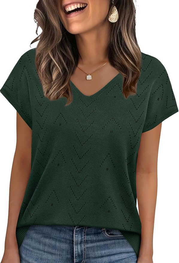 WIHOLL Short Sleeve Sweater for Women V Neck Trendy Cute Tops Business Casual Outfits Cap Sleeve - Image 2