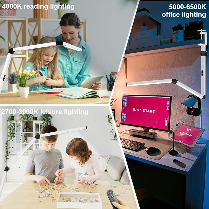 Micomlan LED Desk Lamp for Home Office, Architect Clamp Desk Lamp with Remote Control, Adjustable Dimmable Swing Arm Clamp on Table Light Clip-on Dual Light 5 Brightness Levels & 4 CCT Modes - Image 6