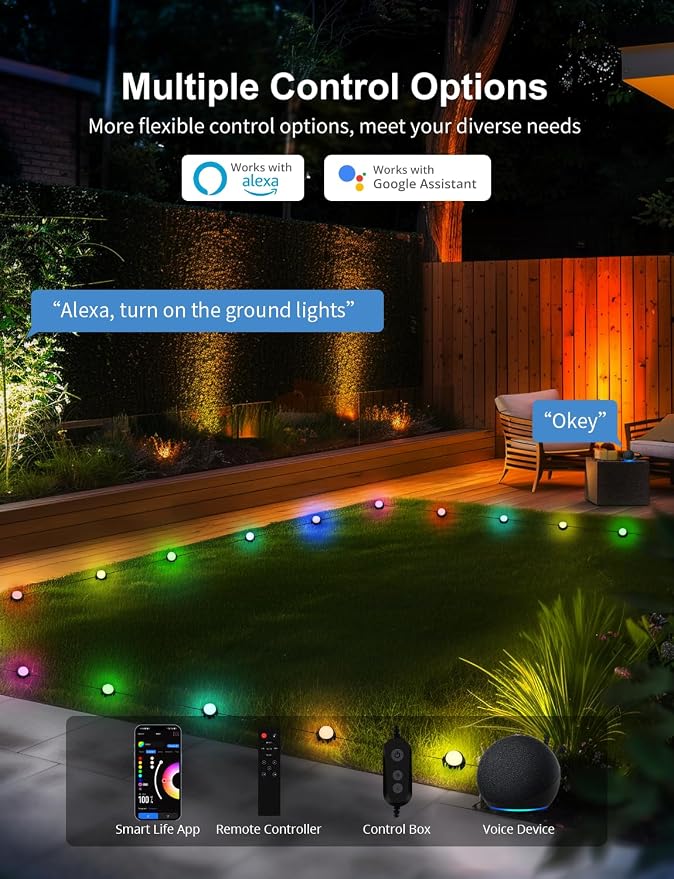 APPECK Outdoor Ground Lights 32 Pack, 100FT RGBW Pathway Lights Wired | 2200K Warm White Landscape Lighting, IP65 Waterproof, Color Changing, Garden Lawn Path, Holiday Decor, App/Remote Control - Image 6