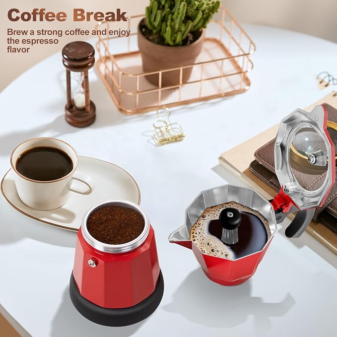 Electric Aluminum Moka Pot 3-6 Cup 150-270ml Espresso Maker | with Detachable Base Ideal Coffee Makers for Home MochaPot Italian and Cuban Café Coffeemaker Espressomaker CoffeePot Red - Image 9