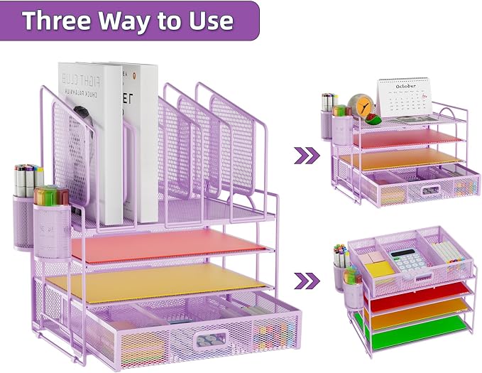 Marbrasse Desk Organizers, 4-Tier Mesh Desk File Organizer with 5 Vertical File Holders and 2 Pen Holders, Multifunction Desktop Organizer,Desk Organizers and Accessories for Home Office (Purple) - Image 4
