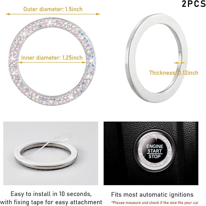 Kewucn 2 PCS Bling Crystal Double Rhinestone Car Engine Start Decoration Ring, Sparkling Push Start Button Sticker, Key Ignition & Knob Ring Decoration, Bling Car Interior Accessory(AB) - Image 2